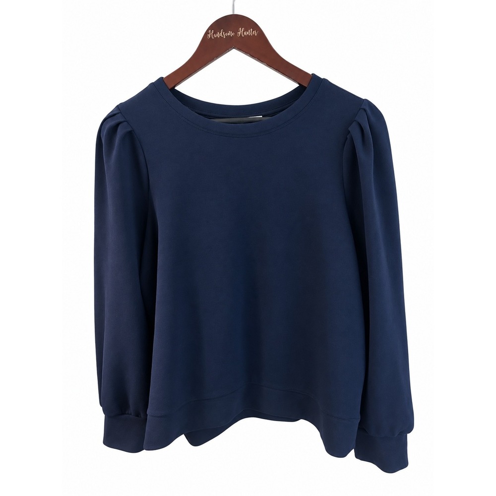 Magaschoni Sweatshirt Women XL Navy Blue EUC Puff Sleeve Modal Blend Crew Neck